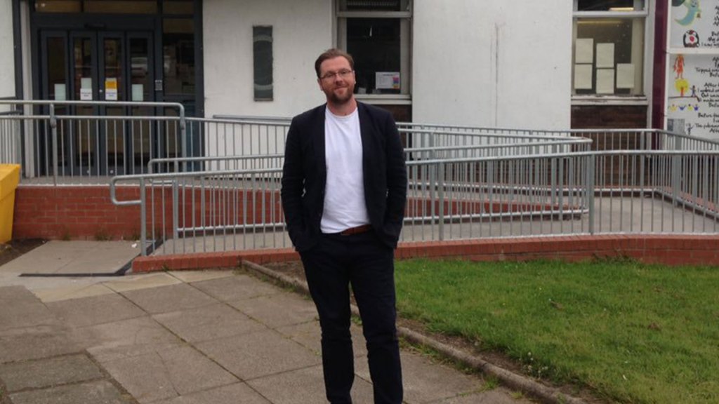 Damian Barr outside Newarthill Library