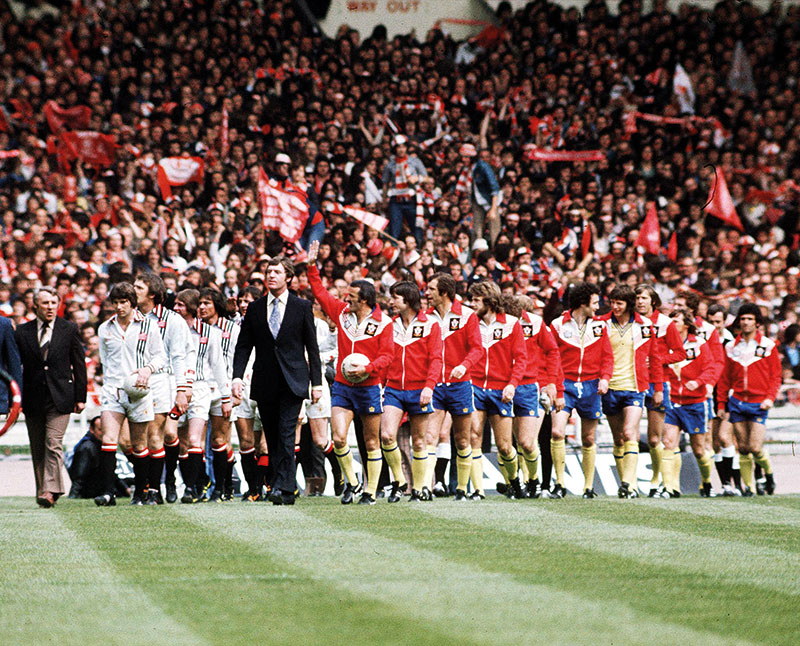 Lawrie McMenemy leads out Southampton FC in the FA Cup Final at Wembley in 1976