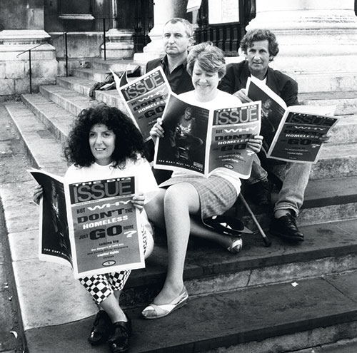Anita Roddick, John Bird, Shelter director Sheila McKechnie and Gordon Roddick launch the first Big Issue magazine in 1991