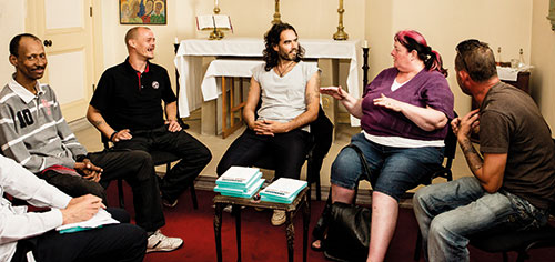 Big Issue vendors meet Russell Brand at St John’s Church, Waterloo