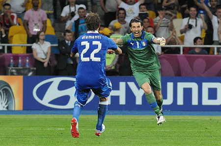 Euro 2012: Alessandro Diamanti celebrates with Gianluigi Buffon after scoring against England