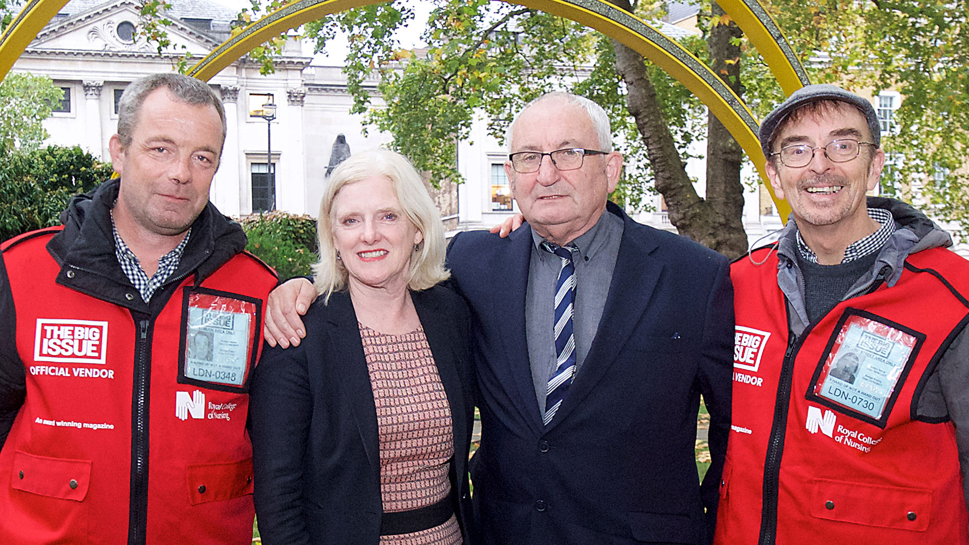 RCN chief executive Janet Davies with Big Issue vendors and John Bird