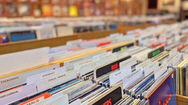 Vinyl LPs in a record shop