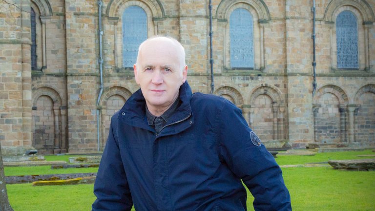 Terry Deary outside Durham Cathedral