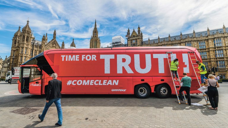 #ComeClean Greenpeace campaign bus