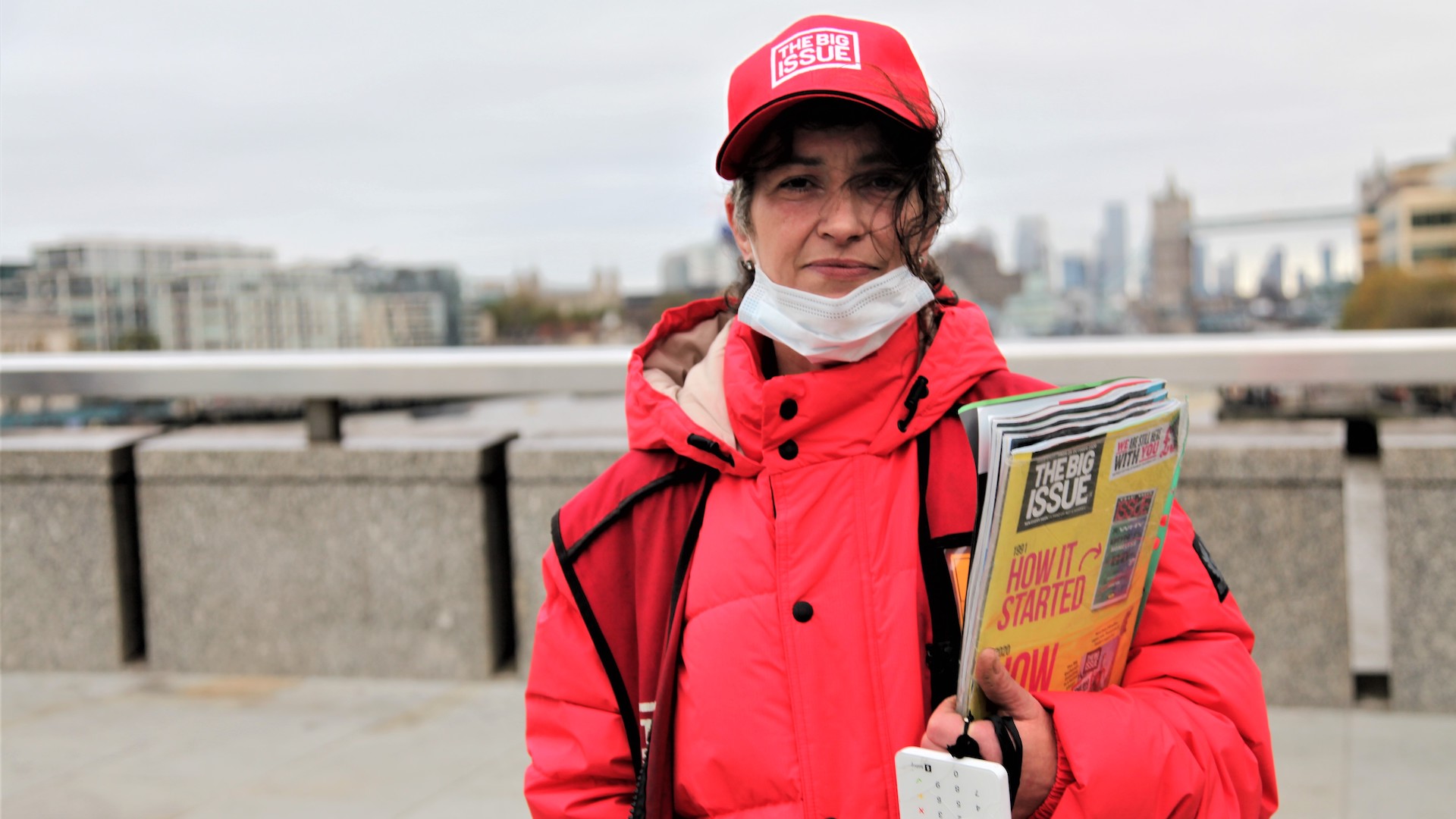 Big Issue vendor Sharon models a Belstaff jacket. Image: Carlos Gonzalez Perez