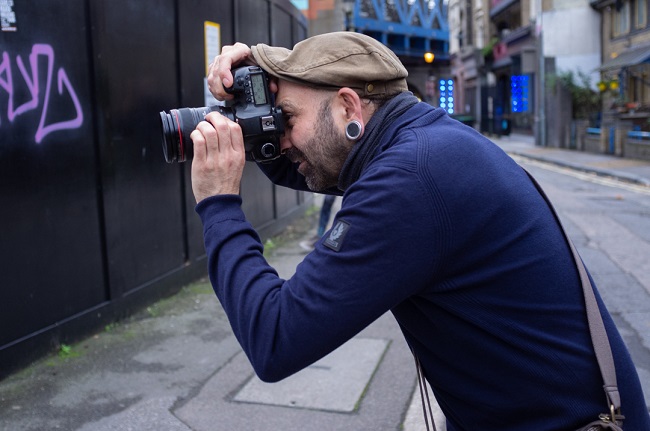 Vendor Carlos Gonzalez Perez in action during the Belstaff photo shoot