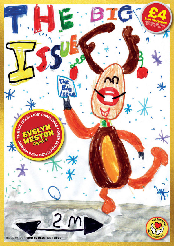 The Big Issue's Christmas cover shows a child's drawing of a reindeer holding the magazine and wearing a mask at a safe distance of 2 metres