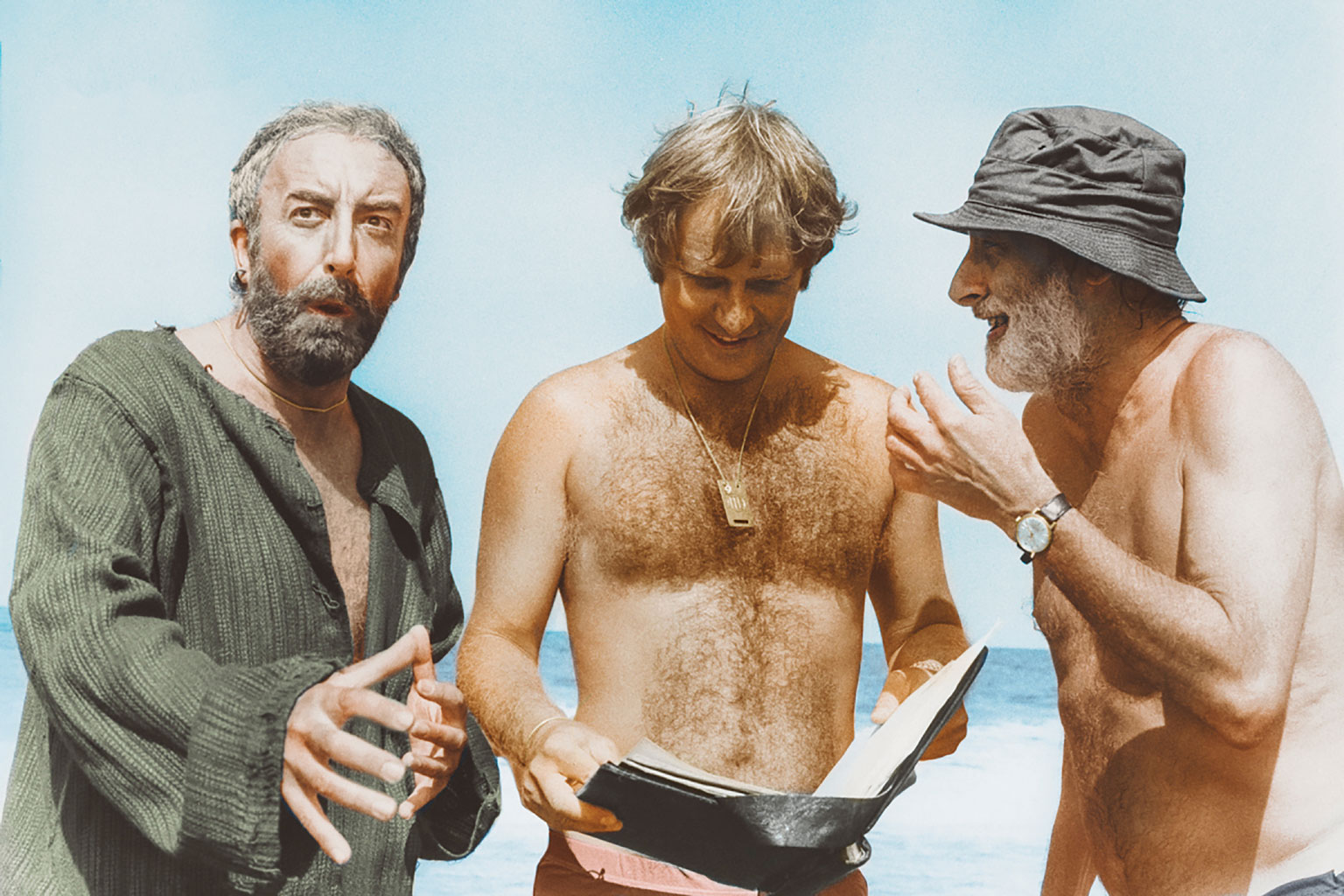 Peter Medak, Peter Sellers and Spike Milligan on the set of Ghost in the Noonday Sun