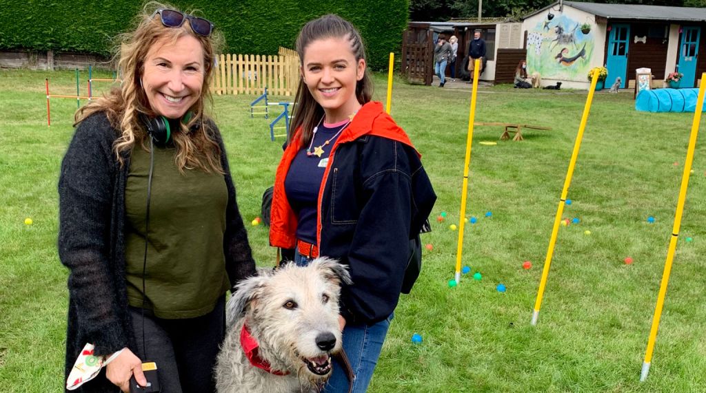 Kay Mellor joined by dog Ava and Katherine Rose Morley, who plays Keeley in The Syndicate.