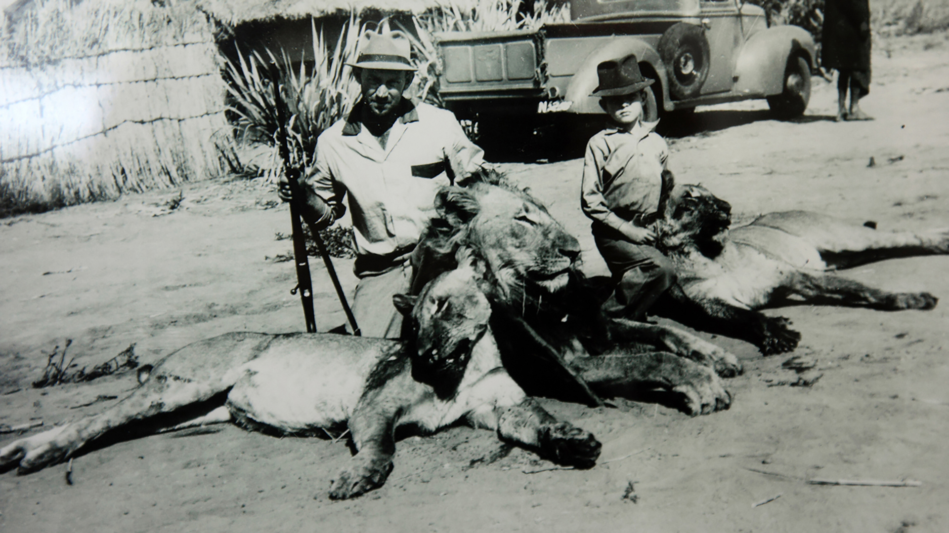 Eight-year-old Wilbur Smith with his father and three slain lions