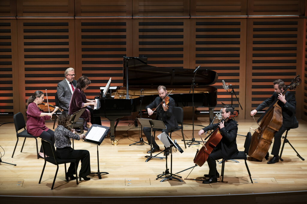 Principal players of the Aurora Orchestra with pianist Imogen Cooper at Kings Place, London in October 2020