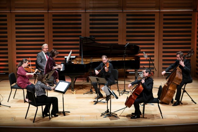 Principal players of the Aurora Orchestra with pianist Imogen Cooper at Kings Place, London in October 2020