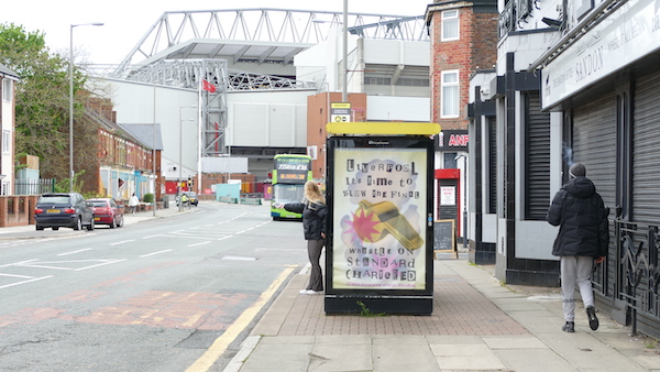 A fossil fuels poster on a bus stop near Anfield, designed by Rosa Illustration.