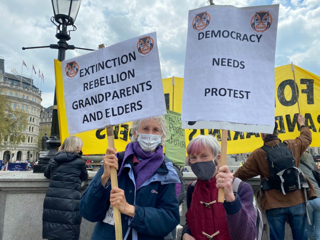 Charmian Kenner, left, a 66-year-old campaigner with XR Grandparents and Elders