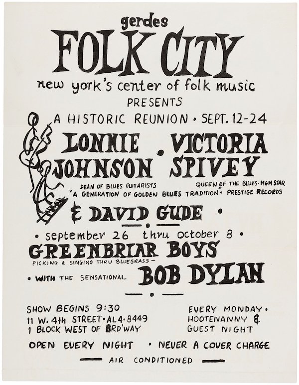 Folk City poster featuring 'the sensational Bob Dylan'.