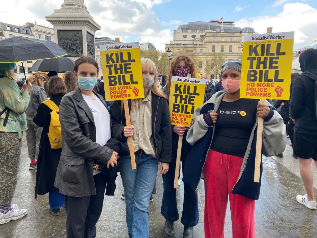 Georgia Nicole, far left, a 19-year-old student at the Kill The Bill protest on Saturday May 1