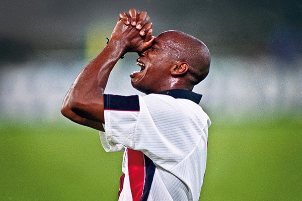 Ian Wright's tears of joy playing for England in 1997. Image: Tom Jenkins/Getty Images