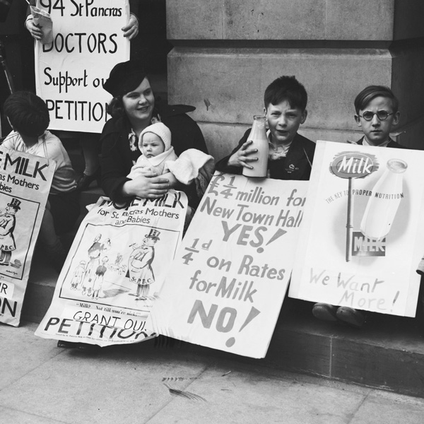 A mum and her kids campaigning for milk supplies in 1939. free school meals