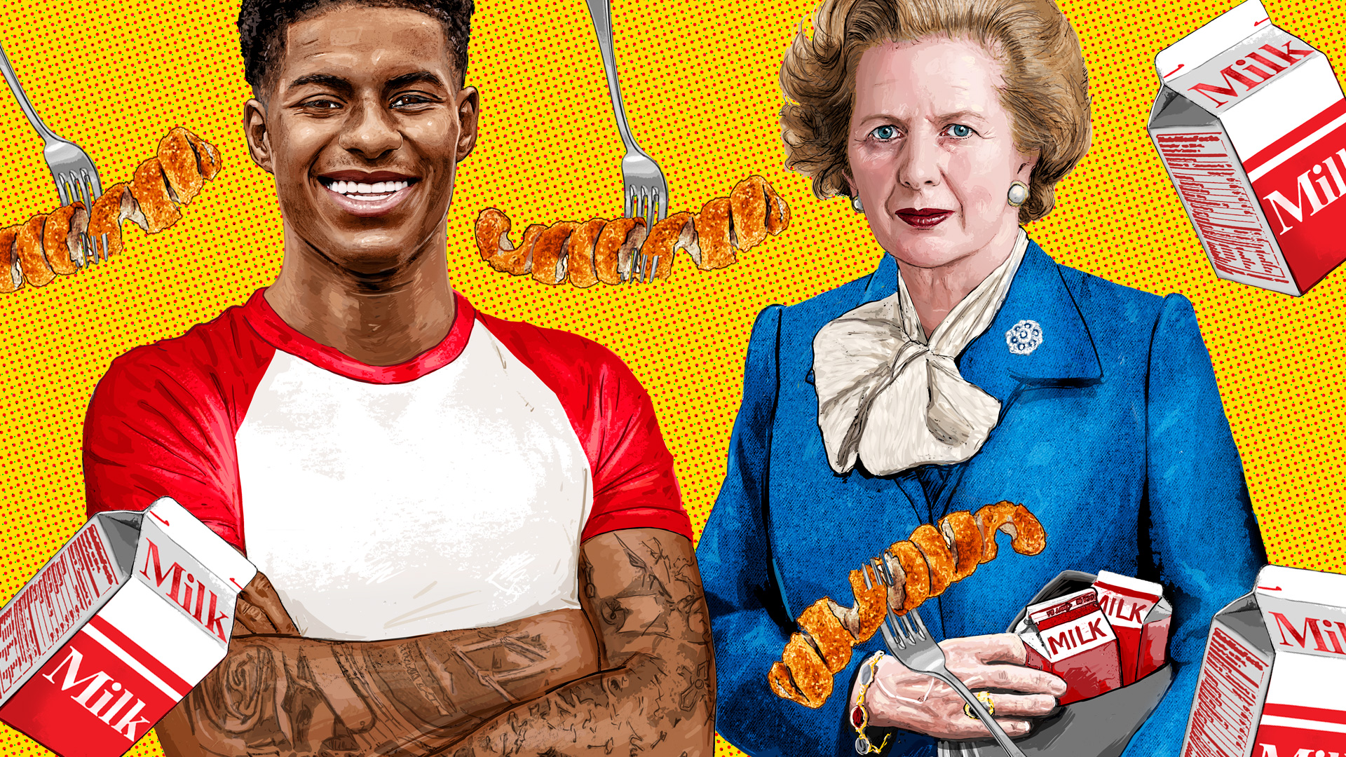 Marcus Rashford launched the Child Food Poverty Task Force to overhaul the free school meals system, including to expand them to every household on universal credit. Illustration: Matthew Brazier