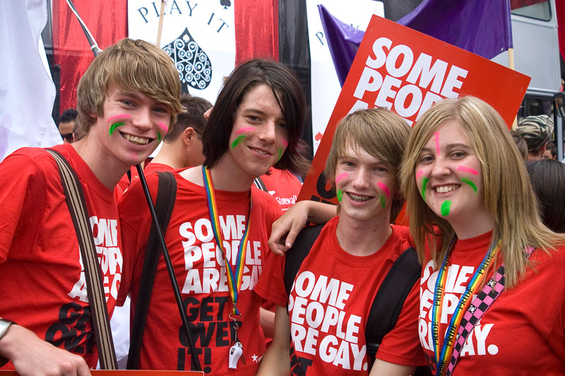 Gay teen supporters of Stonewall and its campaign against homophobic bullying in schools, celebrating London's Gay Pride. July 2009.