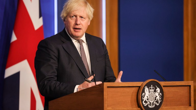 The Prime Minister Boris Johnson holds a press conference in No 9 Downing Street with Chief Scientific Adviser, Sir Patrick Vallance and Chief Medical Officer, Professor Chris Whitty on the ease of Covid-19 restrictions on July 19th 2021.