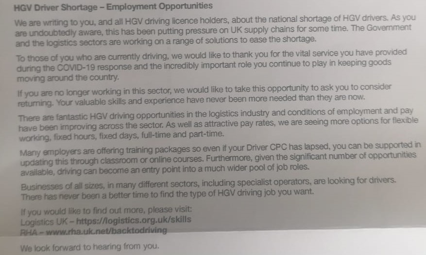 A letter sent by the government to anyone with an HGV licence asking them to help solve the driver shortage.
