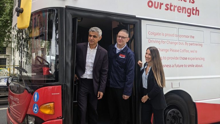 London mayor Sadiq Khan and Change Please CEO Cemal Ezel on one of the Driving For Change buses. Image: Cachella Smith