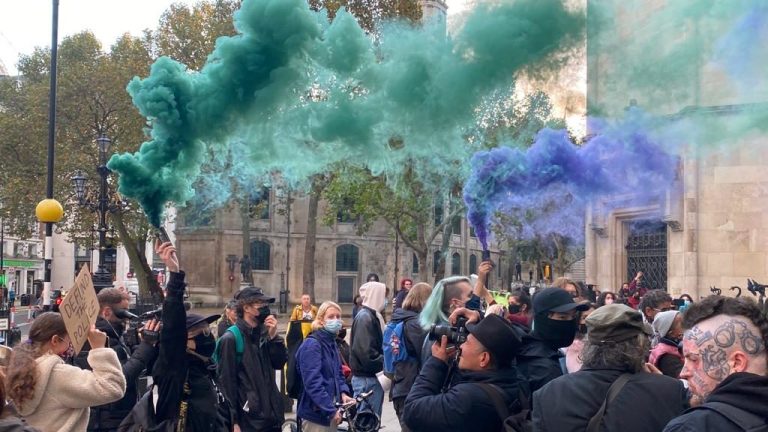 Sisters Uncut protesters outside the Royal Courts of Justice in London. Image: Greg Barradale