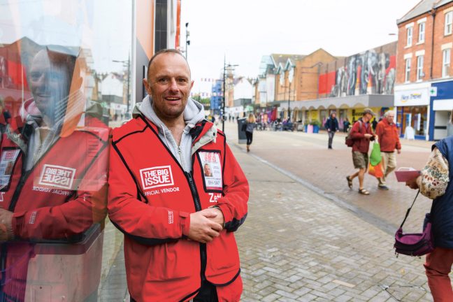 Big Issue Vendor, Rodney Lyall, Bournemouth photographed for The Big Issue 18 10 21 by © Exposure Photo Agency