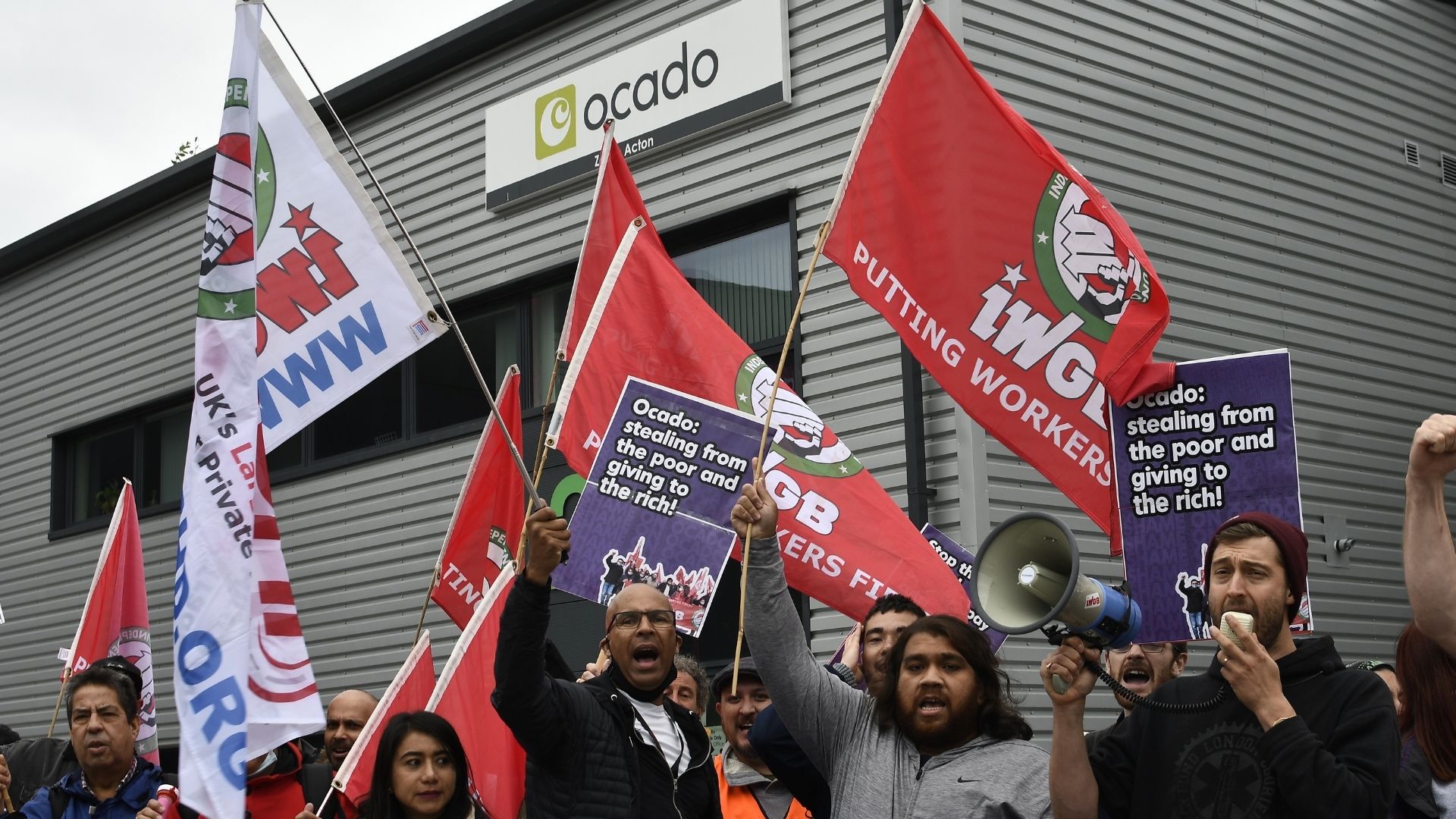 Ocado Zoom workers protest outside the company's depot in Acton. Image: IWGB