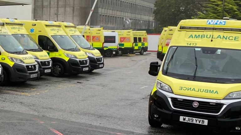 Ambulances queue outside the Royal Cornwall Hospital