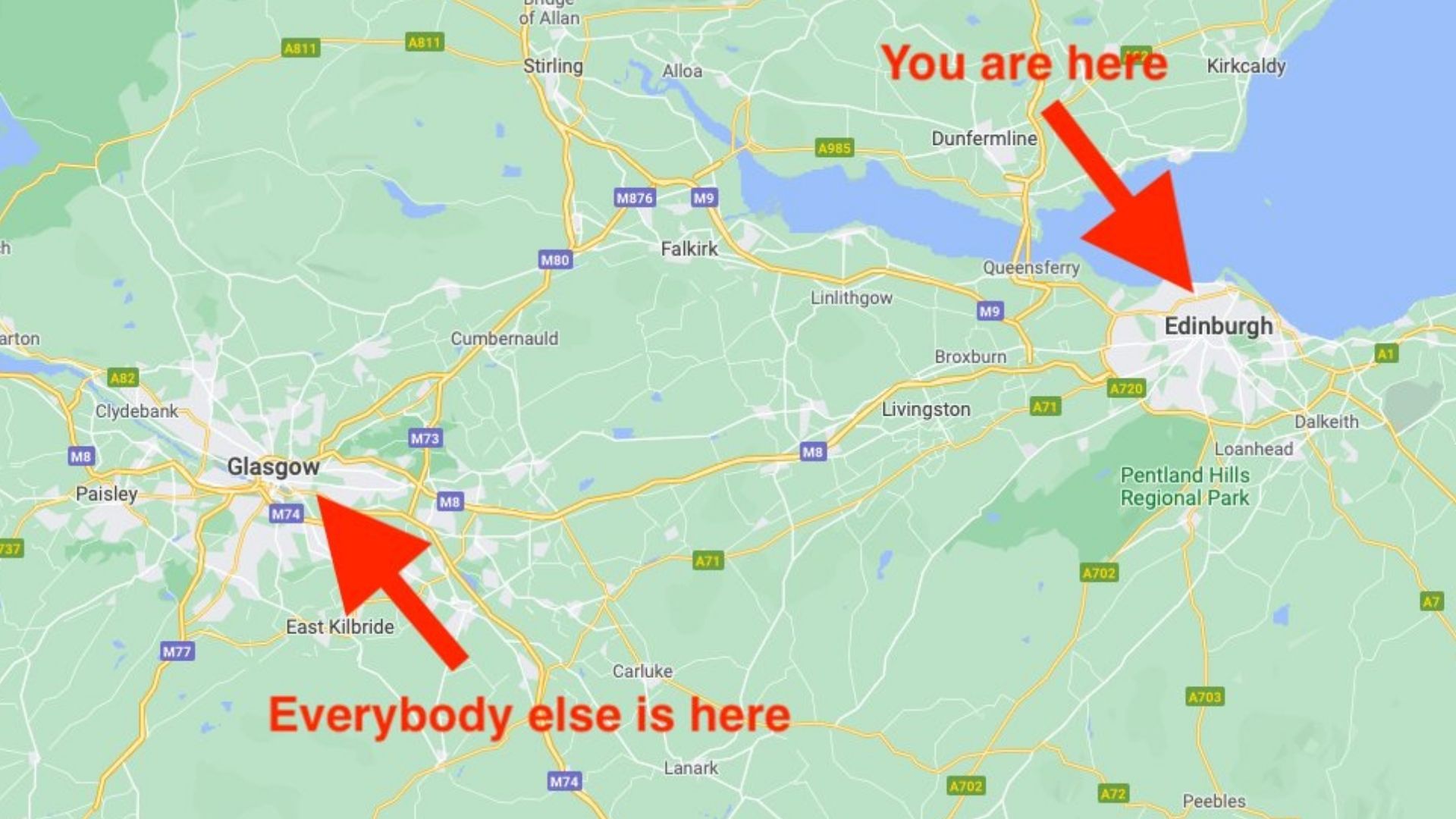 Map with arrows highlighting Edinburgh and Glasgow