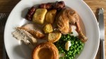 a birds-eye view of a plate of christmas dinner