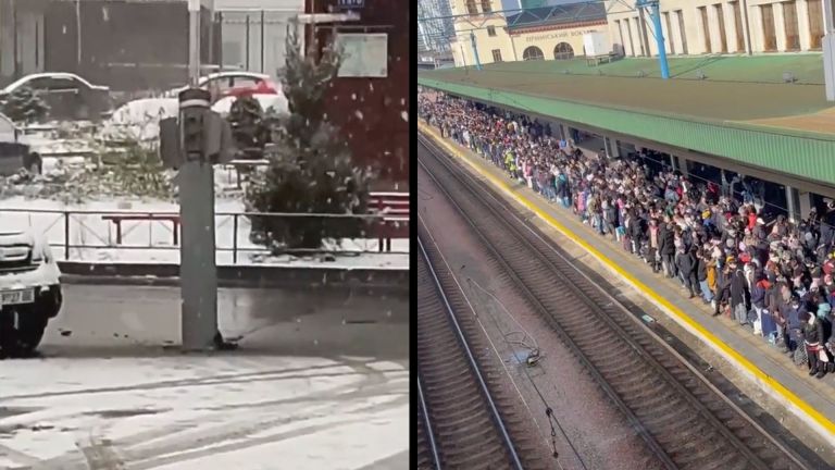 (l) A rocket embedded in the road in Kharkiv and (r) residents evacuating the capital Kyiv.