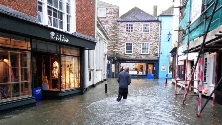 A flooded Cornwall high street.