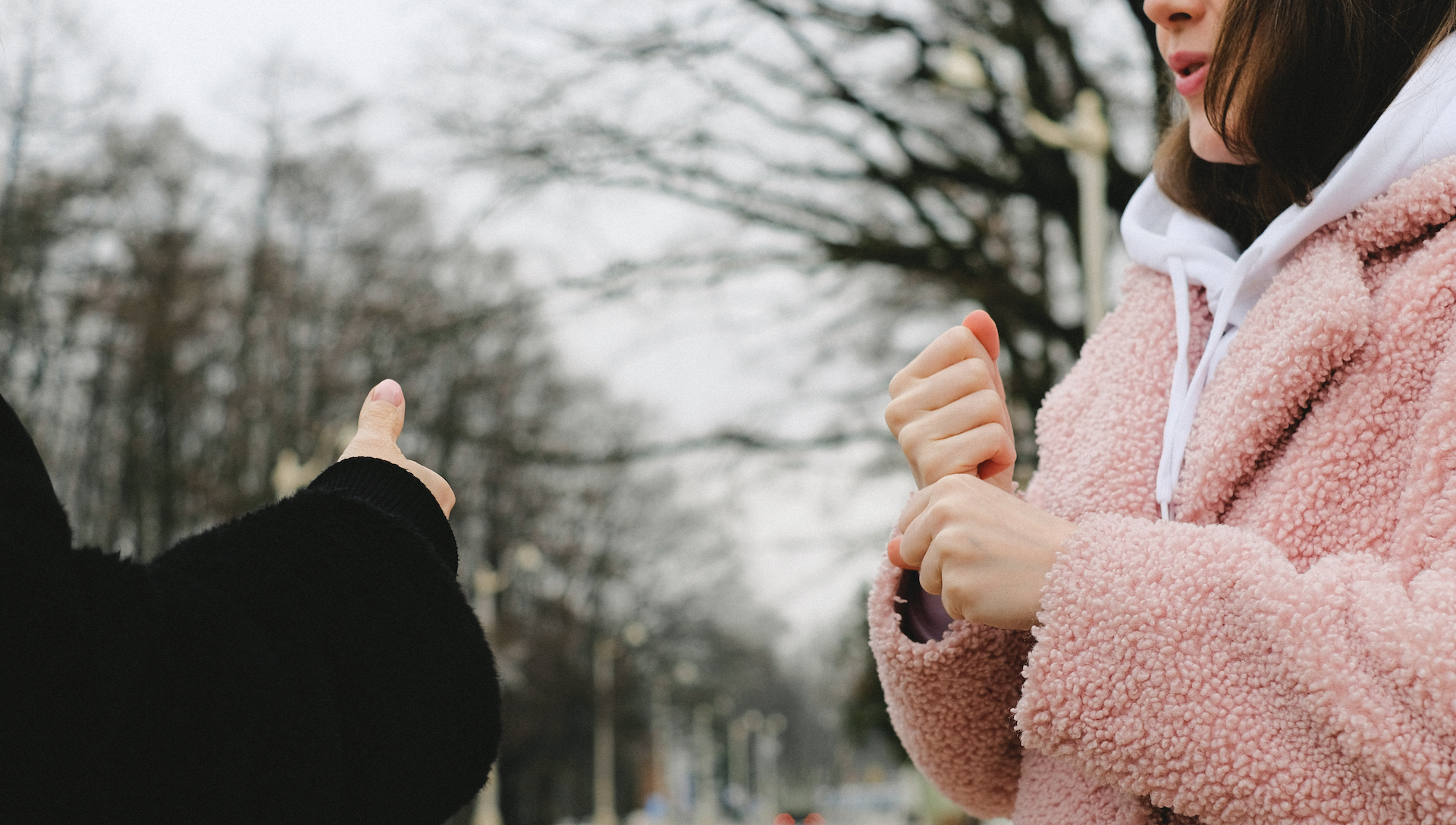 Cropped image of the hands of two deaf people signing, with street in background