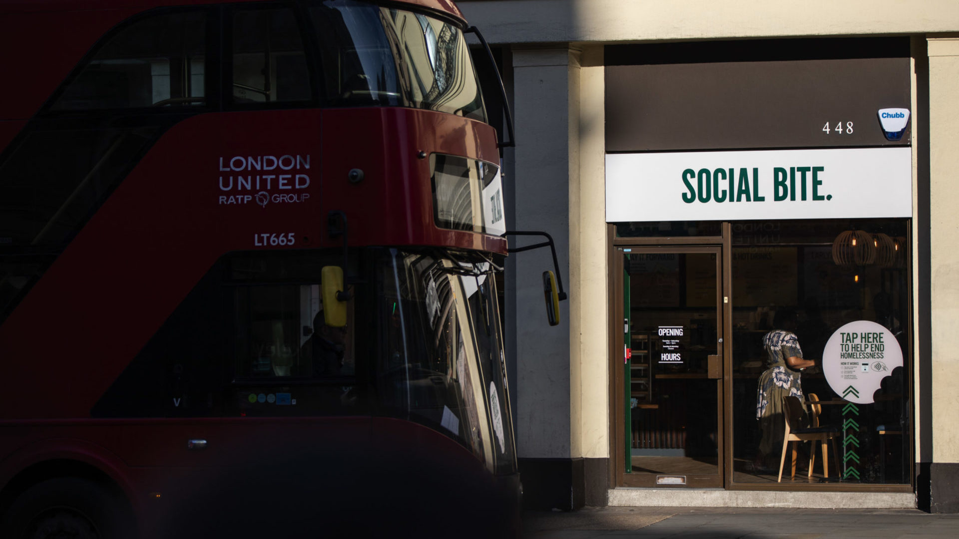 Photo of Social Bite cafe, with London bus in front