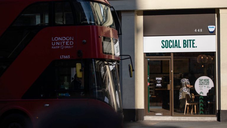 Photo of Social Bite cafe, with London bus in front