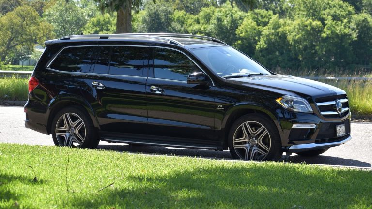 Black SUV parked by a grass verge.