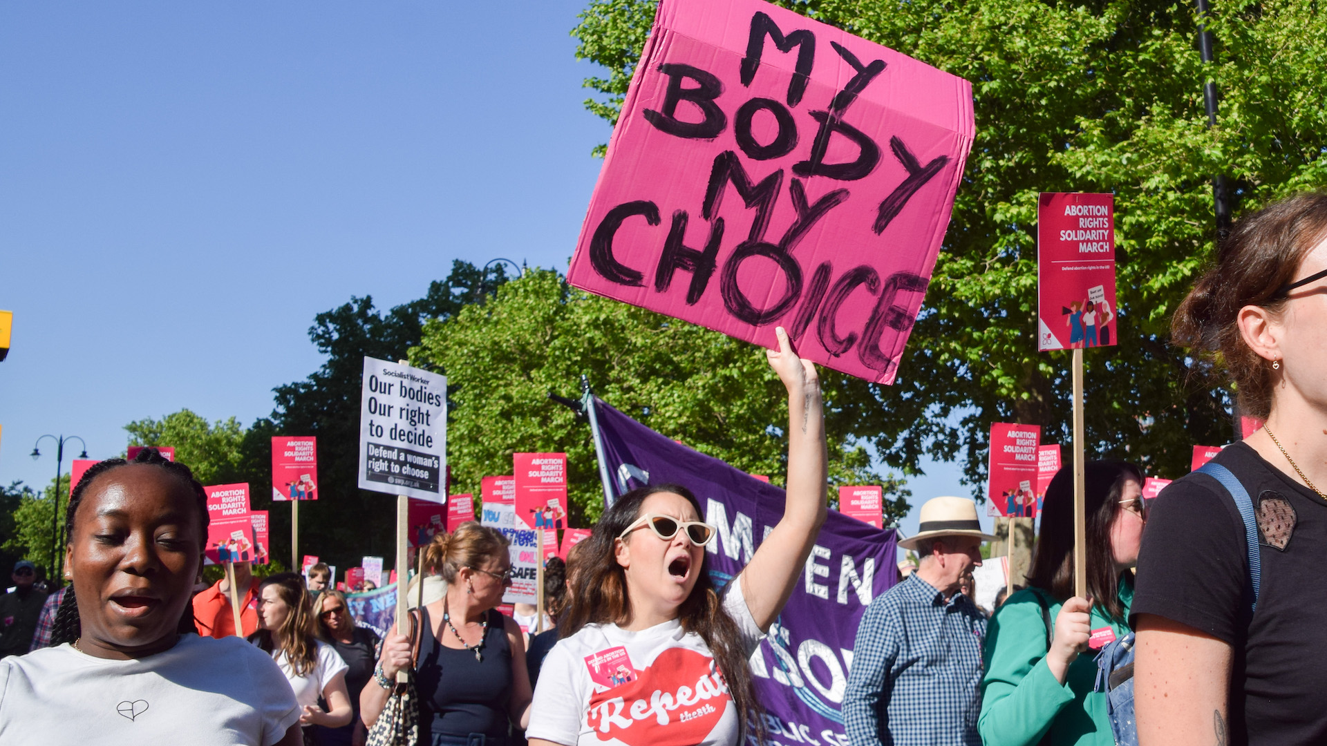 A protester holds a 'My body, my choice' placard.