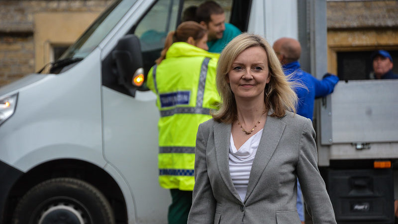 Liz Truss outside a van in South Wraxall