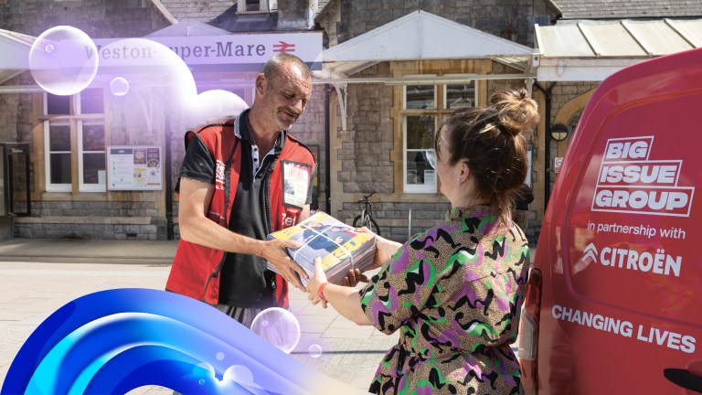 The Big Issue's new Citroën ë-Berlingo Van in Weston-Super-Mare with vendor Robin Price and South West Frontline Manager Hattie Greenyer.