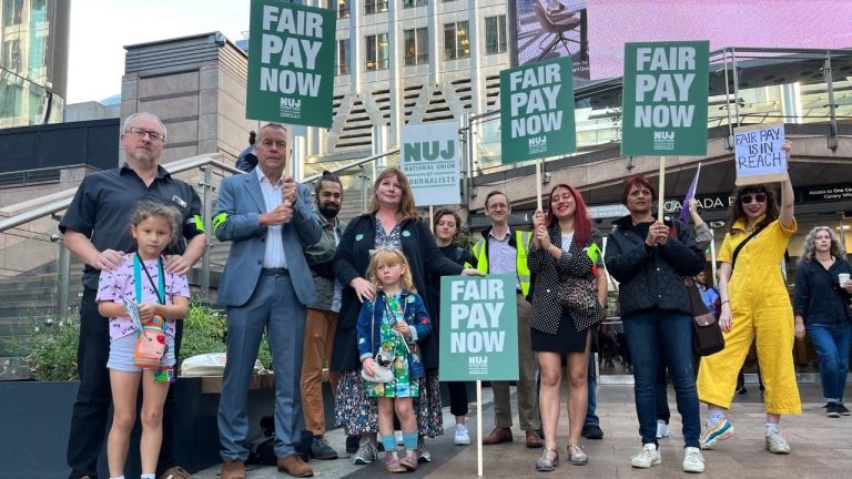 Journalist and general secretary of the NUJ Michelle Stanistreet joins striking journalist outside a reach newsroom in London's Canary Wharf