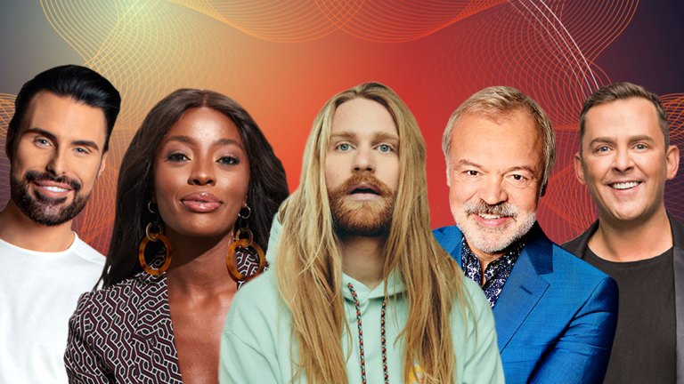 The BBC 2022 Eurovision team: L-R Rylan, AJ Odudu, Sam Ryder, Graham Norton, Scott Mills.
