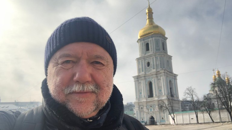 A recent selfie of Kurkov outside Saint Sophia Cathedral in Kyiv