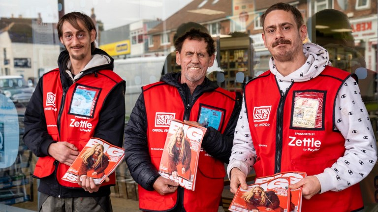 Big Issue vendor Dave Besley with sons Shane and Mark