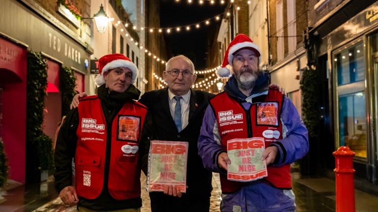 McGucken (left) and John Gregg (right) in Covent Garden with Christmas lights in the background