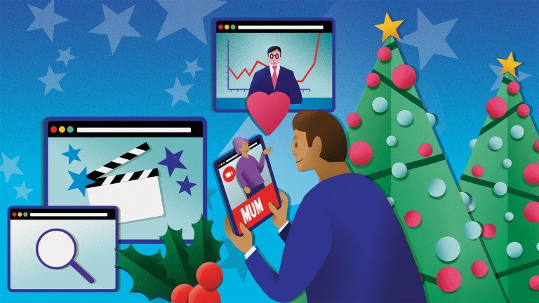 An illustration of a man looking at an iPad, talking to his Mum, surrounded by Christmas Trees, other computer windows show various uses for data/