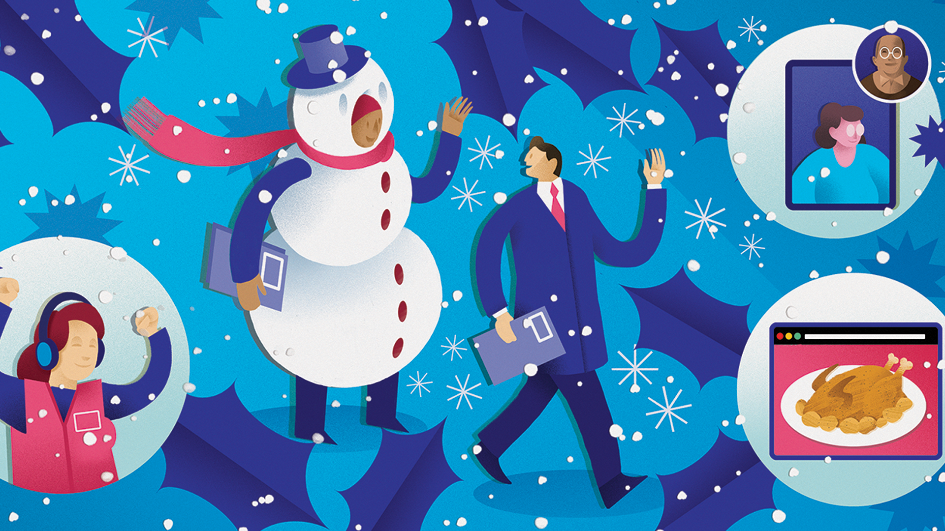 a stylised illustration showing a man and a snowman and various examples of digital connections